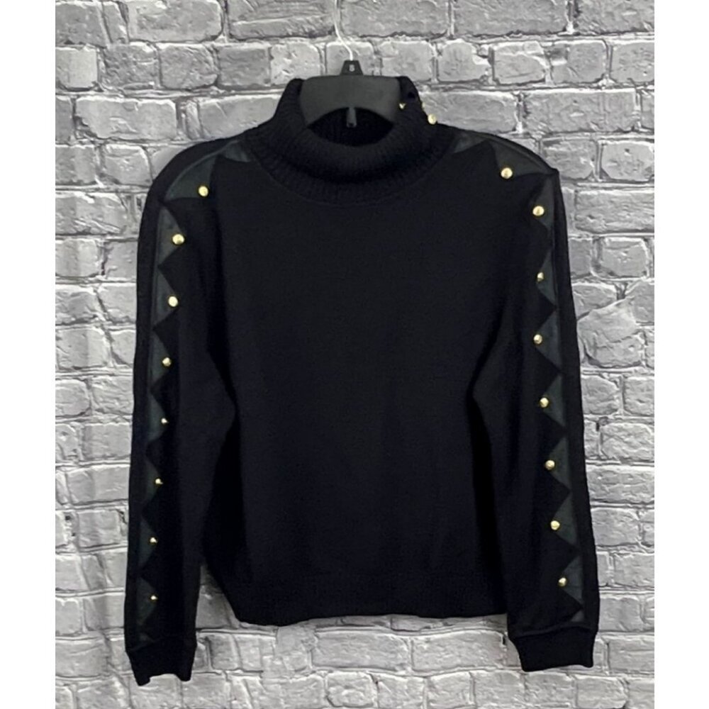 VTG St John Sportswear Sweater Size 14 Black  Turtleneck Santana Knit  Leather L